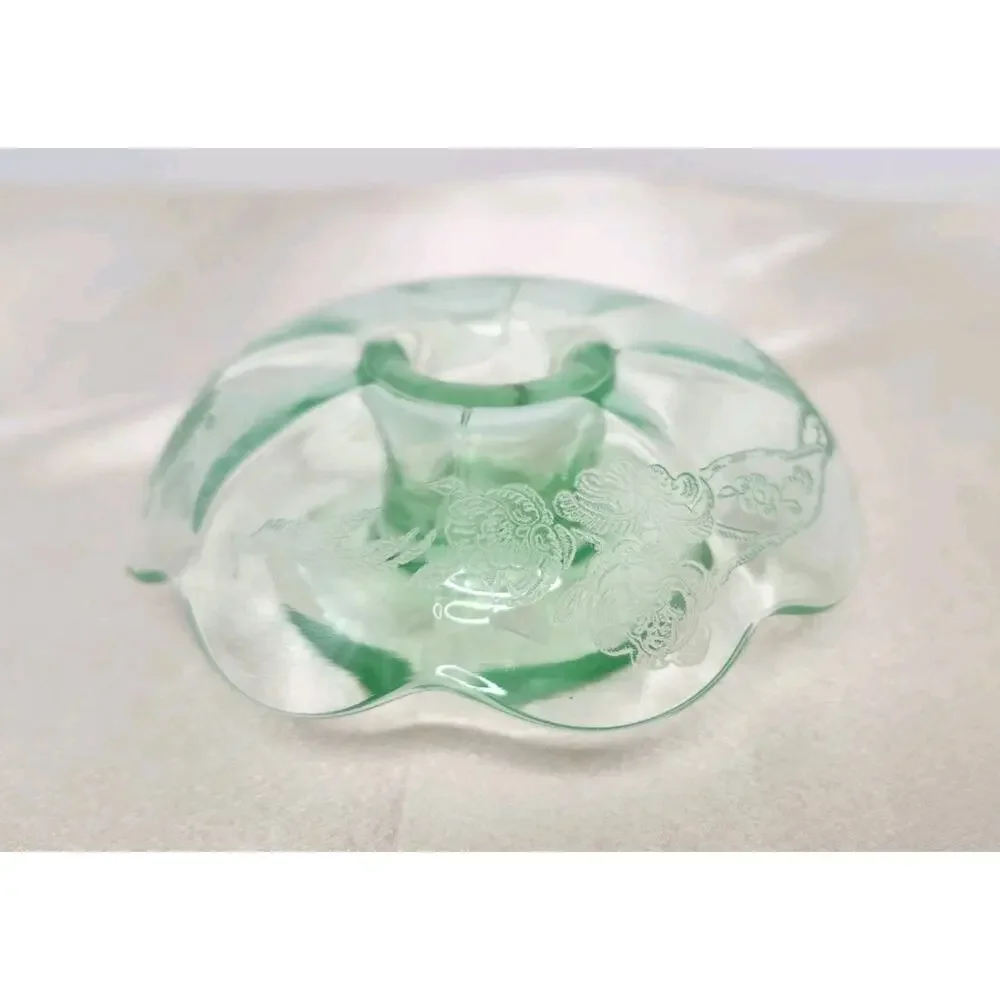 Vintage Paden City Peacock Wild Rose Green Glass Mushroom Candlestick READ
